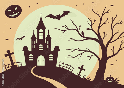 Spooky Halloween Scene with Haunted House Bat Tree and Jack-o'-lanterns vector illustration