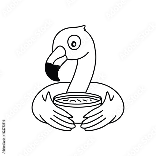 Flamingo delicately holding a bowl of warm soup