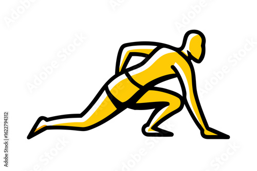 Stylized yellow male figure in lunge pose on white background exercise fitness
