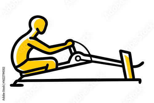 Yellow stylized figure rowing a boat on a white background person