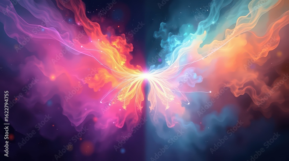 Fototapeta premium A digital background with a distinct split, ethereal spiritual vibe, rainbow colored light aura