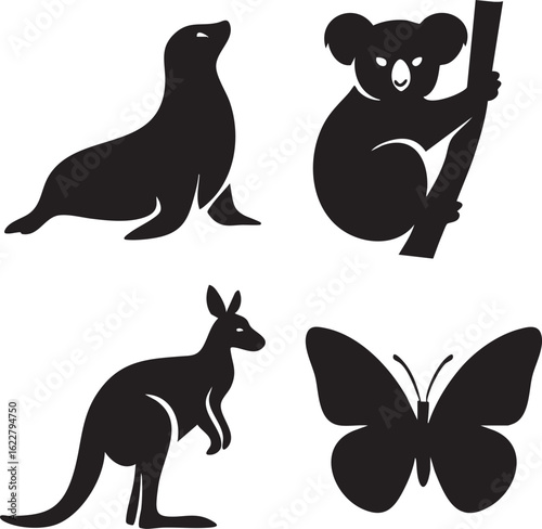 Silhouette set of seal koala kangaroo and butterfly on white background