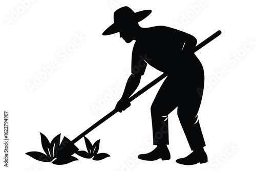 Silhouette of a Farmer Gardening with a Hoe Near Plants on White Background