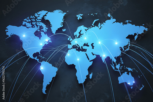 Global network connections illuminated on a world map