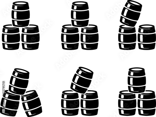 6 unique black silhouette vector illustrations of stacked beer kegs in different arrangements 