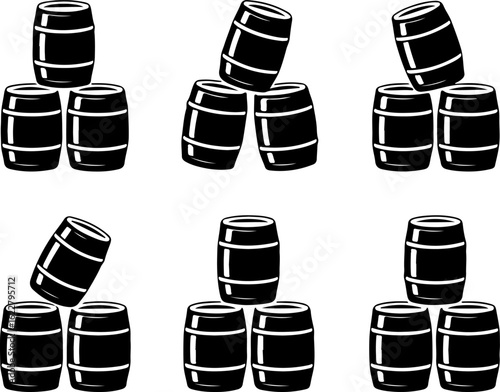 6 unique black silhouette vector illustrations of stacked beer kegs in different arrangements 