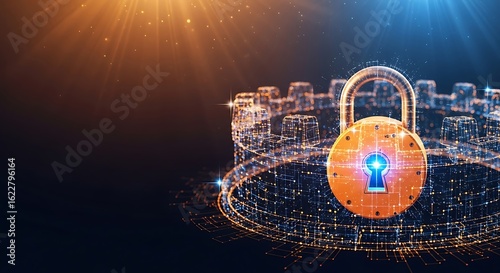 Cybersecurity:  Digital Fortress, Glowing Padlock, Network Security, Abstract Data Protection Concept.