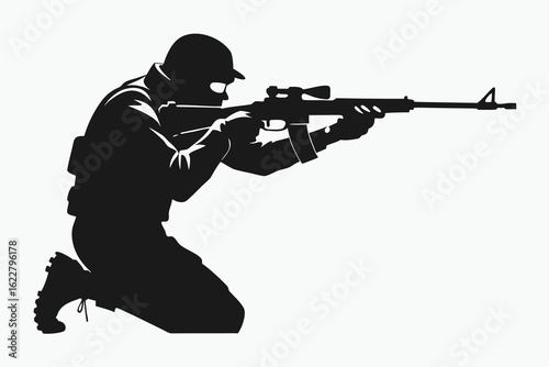 Silhouette of a Soldier Kneeling and Aiming a Sniper Rifle on White Background