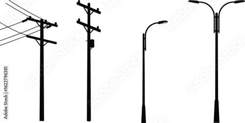 Vector illustration of electric poles, street light poles, silhouette style, power lines, utility infrastructure, urban elements, black isolated drawing, editable