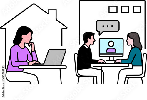 Vector design showing a hybrid office environment with employees working both remotely and in-office. Modern workplace, flexible schedule, digital technology, and team interaction themes.