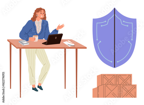 Woman at desk with laptop, shield icon representing protection, and stacked wooden crates. Ideal for security, logistics, business, supply chain, safety productivity risk management. Simple flat