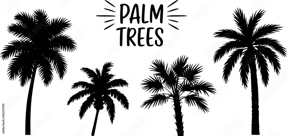 Obraz premium Black silhouettes of palm trees and text white tropical