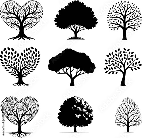 Black silhouettes of diverse trees with intricate branches and foliage black and white