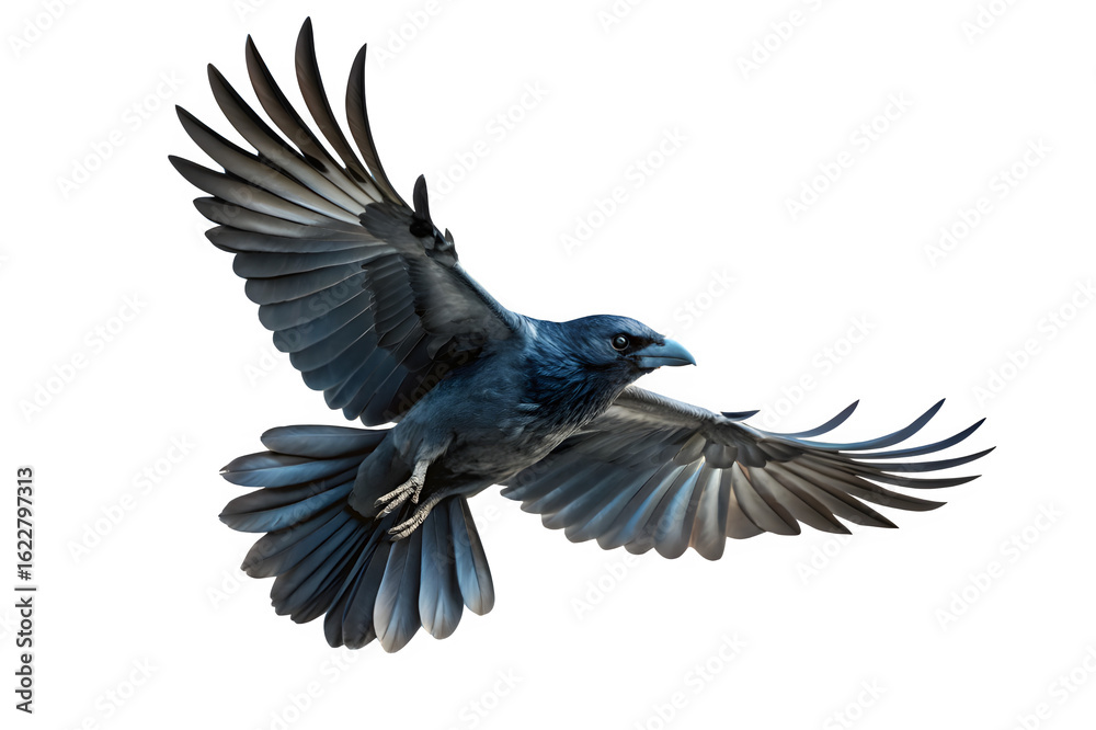 Obraz premium A crow in flight with wings spread wide against a black background in a close up shot of the bird.