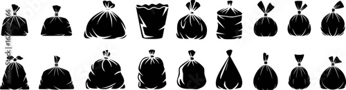 Black silhouettes of tied garbage bags and a trash can vector