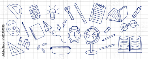 Set of hand-drawn school and education vector illustration in doodle style. Globe, books, ruler, scissors, paper plane, calculator, notebook, pen, palette. Perfect for back to school, kids education.