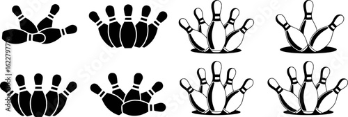 Bowling pins scattered and arranged in groups sport recreation