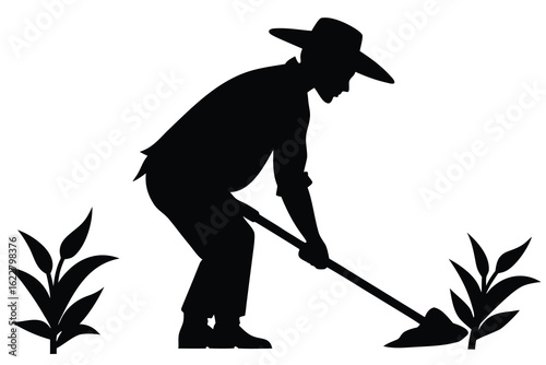 Silhouette of Farmer Tilling Soil with Hoe among Crops on White Background