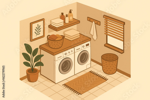Cozy Laundry Room Cartoon Vector - Simple Charming Composition with Washer, Drying Rack & Bubbles