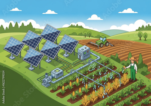 Sustainable Farm Isometric Vector - Solar-Powered Irrigation System & Eco Agriculture for Educational Posters