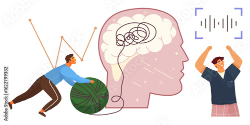 Man unravels yarn beside tangled brain, symbolizing problem-solving, clarity, and mental resilience. Another celebrates a mental breakthrough. Ideal for psychology, growth, therapy, support