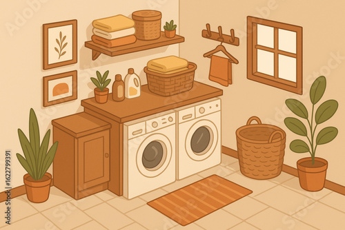 Cozy Laundry Room Cartoon Vector - Simple Charming Composition with Washer, Drying Rack & Bubbles