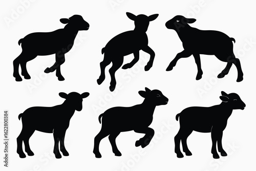 Six Lamb Silhouettes in Various Poses Standing, Jumping, and Walking Lambs on White Background