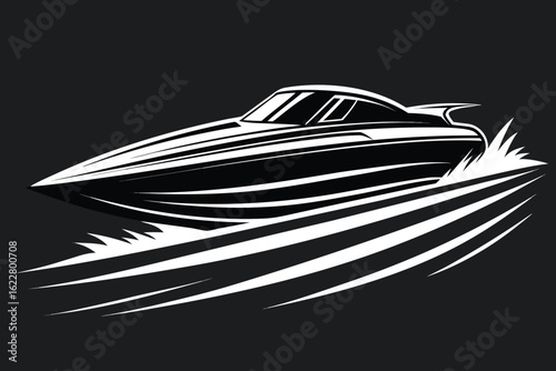 Sleek Motorboat Speeding Across Water, Illustration in Black and White Style