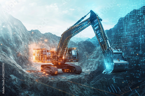 Futuristic mining equipment excavates in a digital landscape Generative AI