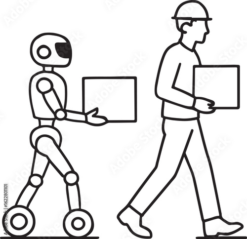 Robot and man walking side by side carrying boxes in simple outline style human