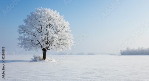 Single Tree Covered in Frost on a Snowy Field