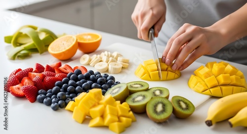 Hands preparing a colorful fruit salad, slicing fresh mango on a white board with strawberries, blueberries, and kiwi for a healthy meal.