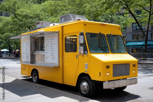 Bright yellow food truck parked under lush green trees, inviting