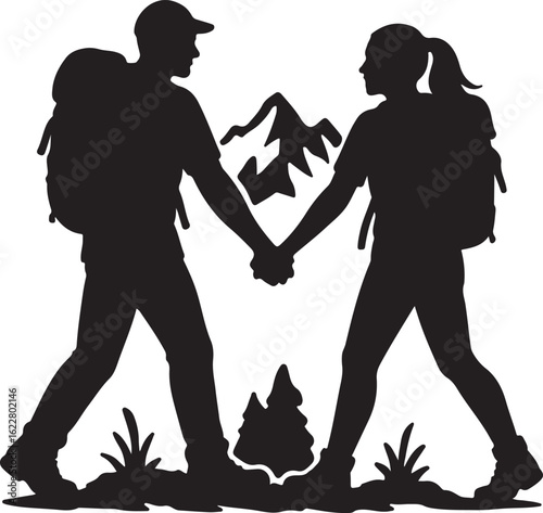 Black silhouette of a couple holding hands while hiking with mountains and trees vector