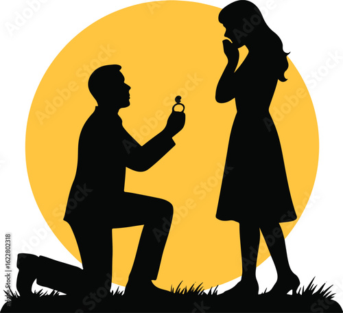 Man proposing with ring to woman silhouette against yellow circle background proposal engagement