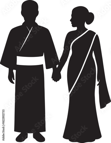 Black silhouette of a couple holding hands wearing traditional Japanese and Indian attire black and white