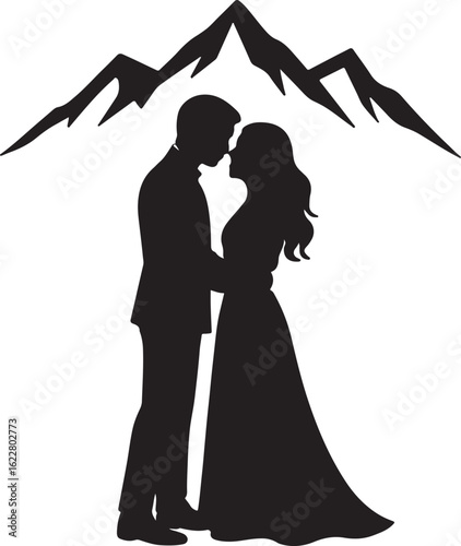 Black silhouette of a couple embracing under mountain peaks mountains love