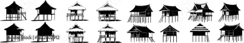 Traditional stilt houses with thatched roofs and wooden ladders traditional architecture