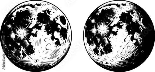 Two detailed black and white moon illustrations celestial space