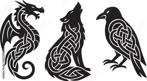 Black Celtic knot dragon wolf and raven silhouette graphic design bird