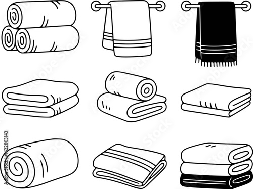 Various folded and rolled towels in black and white vector