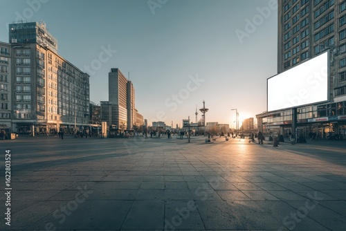 Blank billboard panel on Alexanderplatz Berlin modern building, central public square with pedestrians in bright daylight