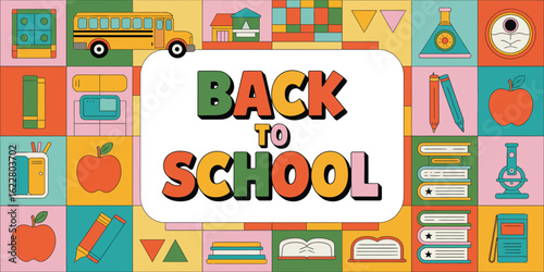 “Back to School” celebration poster with colorful bold text, playful student icons, and educational tools—ideal for academic welcome campaigns.