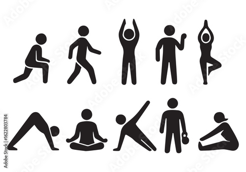 Diverse Range of Yoga Poses and Exercises Depicted in Black Silhouettes Against a White Background Showing Fitness Activities