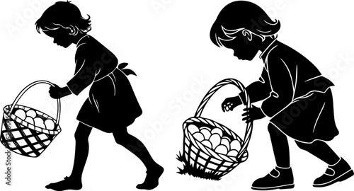 Children with Baskets Silhouettes: Easter Egg Hunt or Foraging Kids