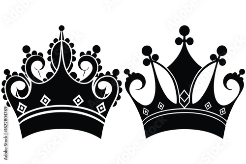 Two Black Crown Designs with Ornate Details and Geometric Shapes in Format