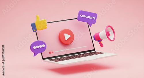 Wallpaper Mural Laptop screen displaying play button, surrounded by 3D social media icons: like, comment, megaphone, symbolizing online video promotion and engagement Torontodigital.ca