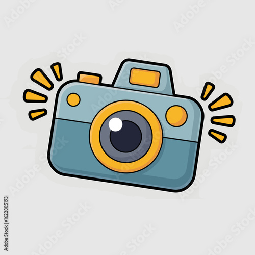 Whimsical cartoon of a digital camera with a lens