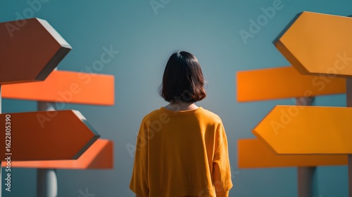 Woman faces multiple direction signs with orange and yellow arrows against a light blue background viewed from the back