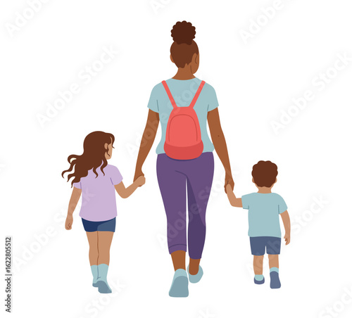 Colorful illustration of an adult and two children walking hand-in-hand with backpacks, representing parenting, safety, and togetherness.